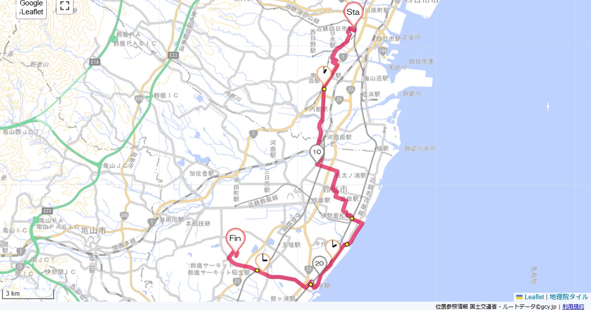 四日市から鈴鹿近鉄四日市駅,鈴鹿サーキットホテル,サイクリング,地図,記録,自転車