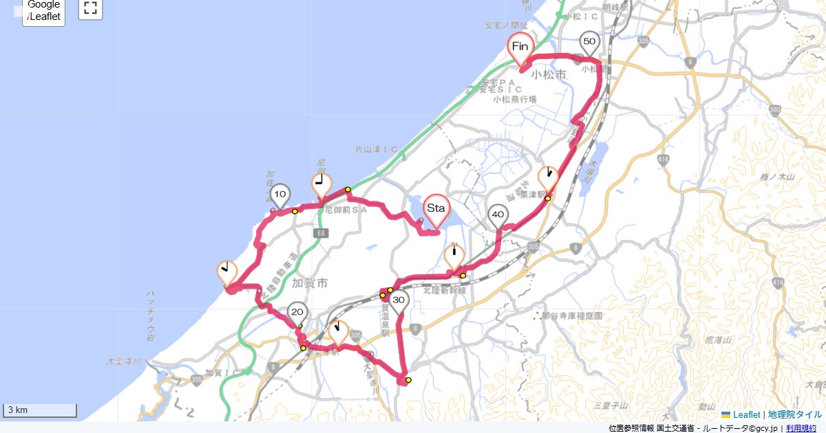 加賀温泉郷大江戸温泉物語片山津温泉,小松空港,サイクリング,地図,記録,自転車
