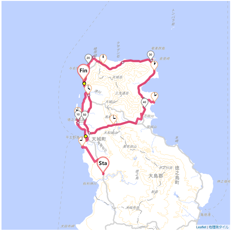 喜界島・徳之島4瀬滝,ホテルサンセットリゾート,サイクリング,地図,記録,自転車