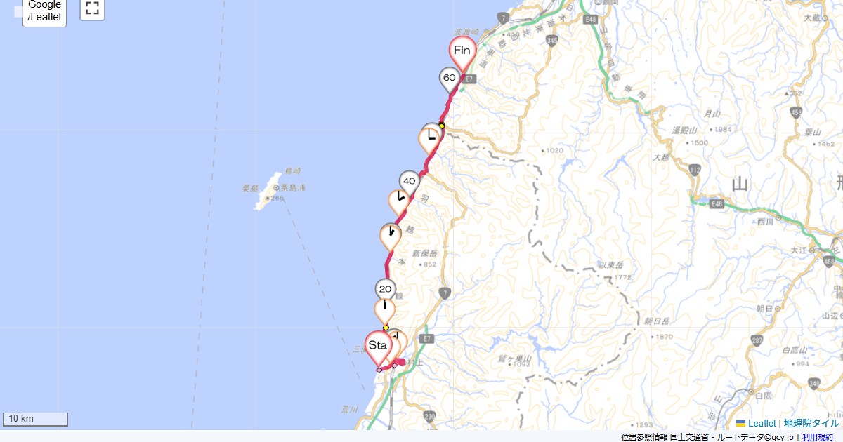 瀬波温泉からあつみ温泉村上市瀬波温泉,鶴岡市温海,サイクリング,地図,記録,自転車