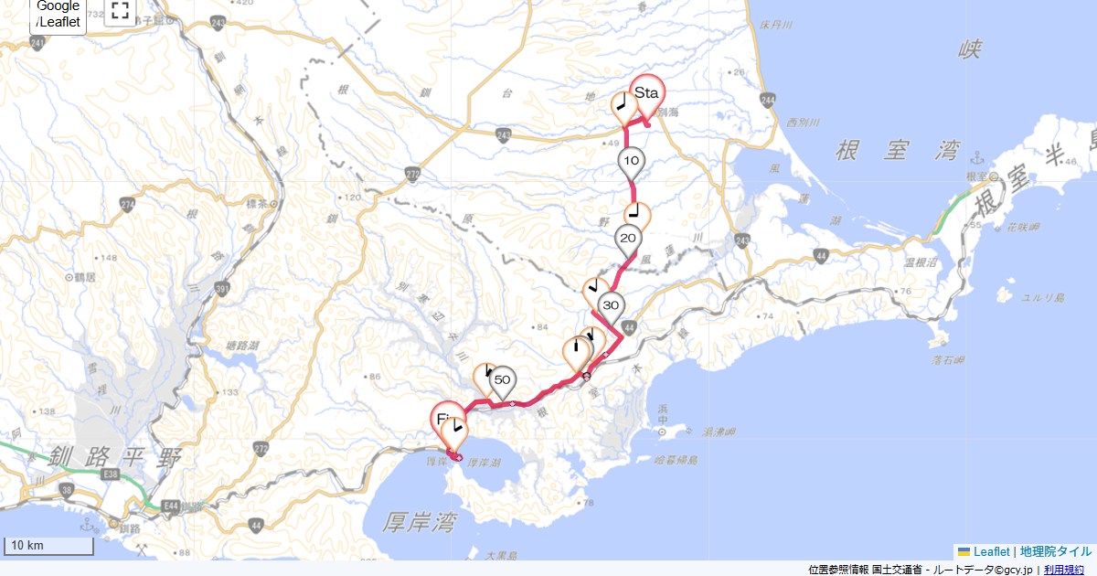 別海から厚岸べっかい郊楽苑,厚岸町宮園,サイクリング,地図,記録,自転車