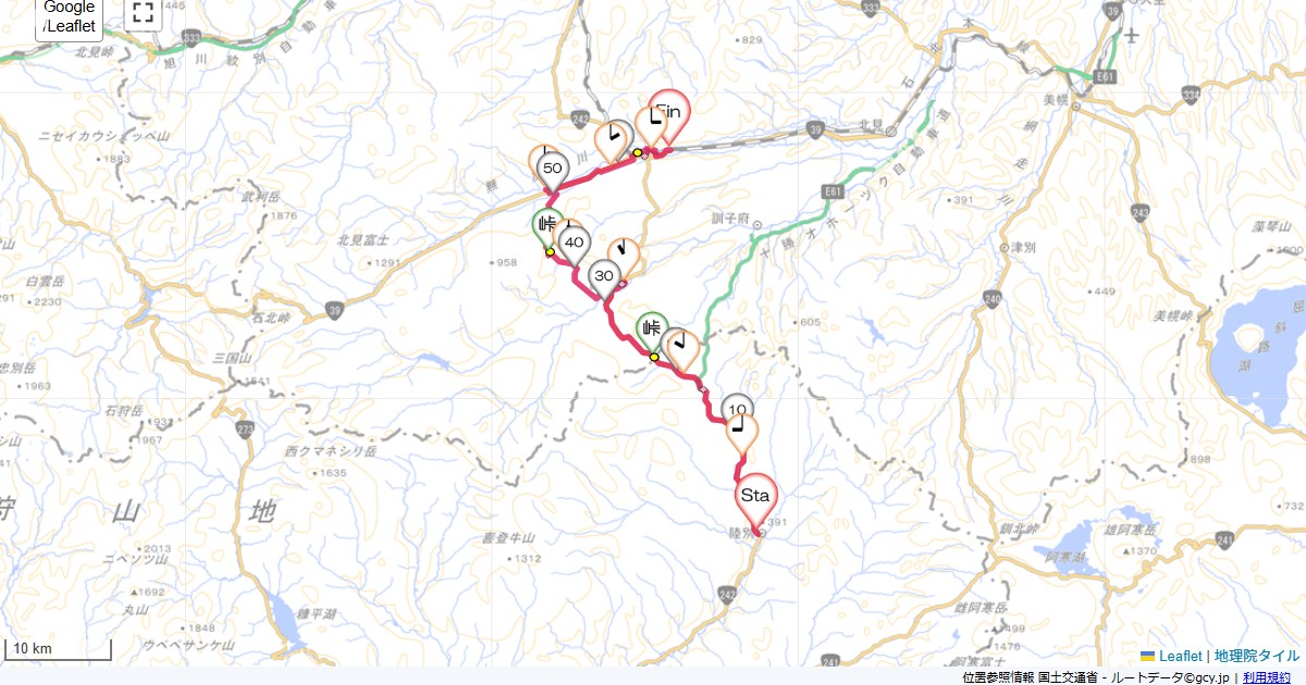 陸別から北見温泉道の駅オーロラタウン93陸別,北見温泉ポンユ三光荘,サイクリング,地図,記録,自転車