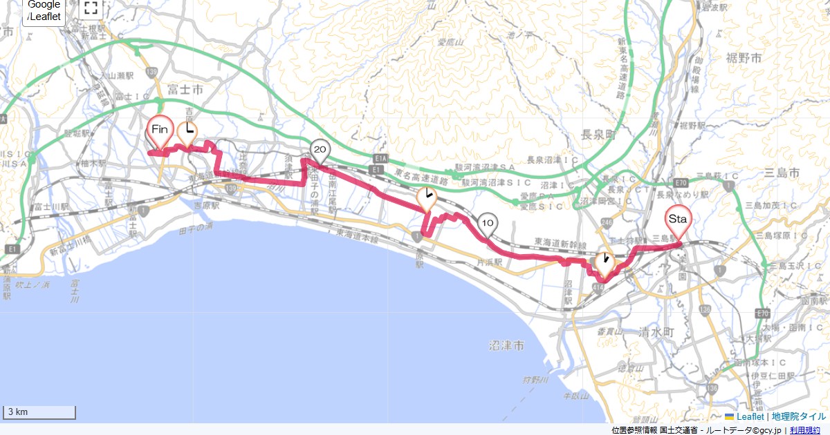 三島から富士三島駅,ホテルニシムラ,サイクリング,地図,記録,自転車