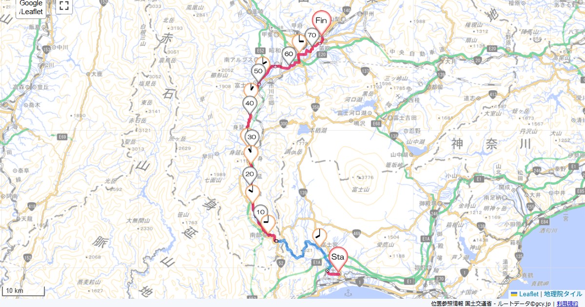 富士から石和温泉ホテルニシムラ,かんぽの宿石和,サイクリング,地図,記録,自転車