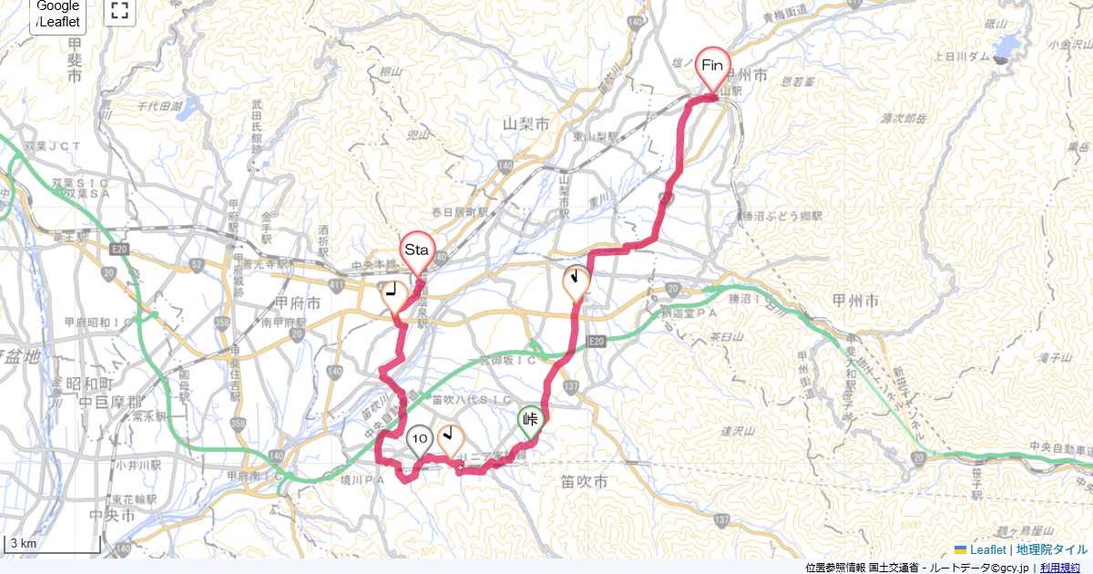 石和温泉から塩山かんぽの宿石和,塩山駅,サイクリング,地図,記録,自転車