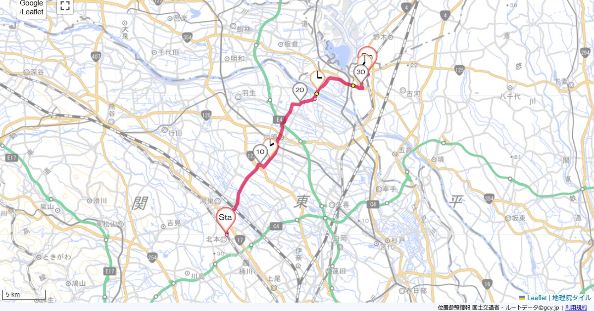 北本から古河北本駅,ルートイン古河,サイクリング,地図,記録,自転車