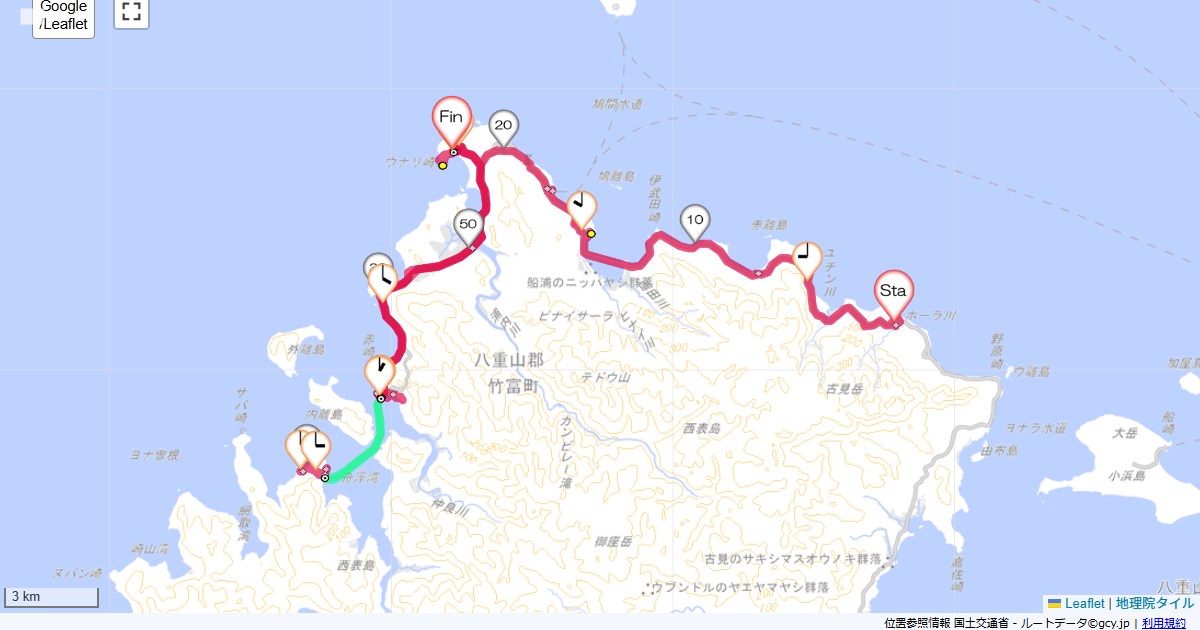 八重山4西表島・舟浮ジャングルホテルパイヌマヤ,イルマーレウナリザキ,サイクリング,地図,記録,自転車