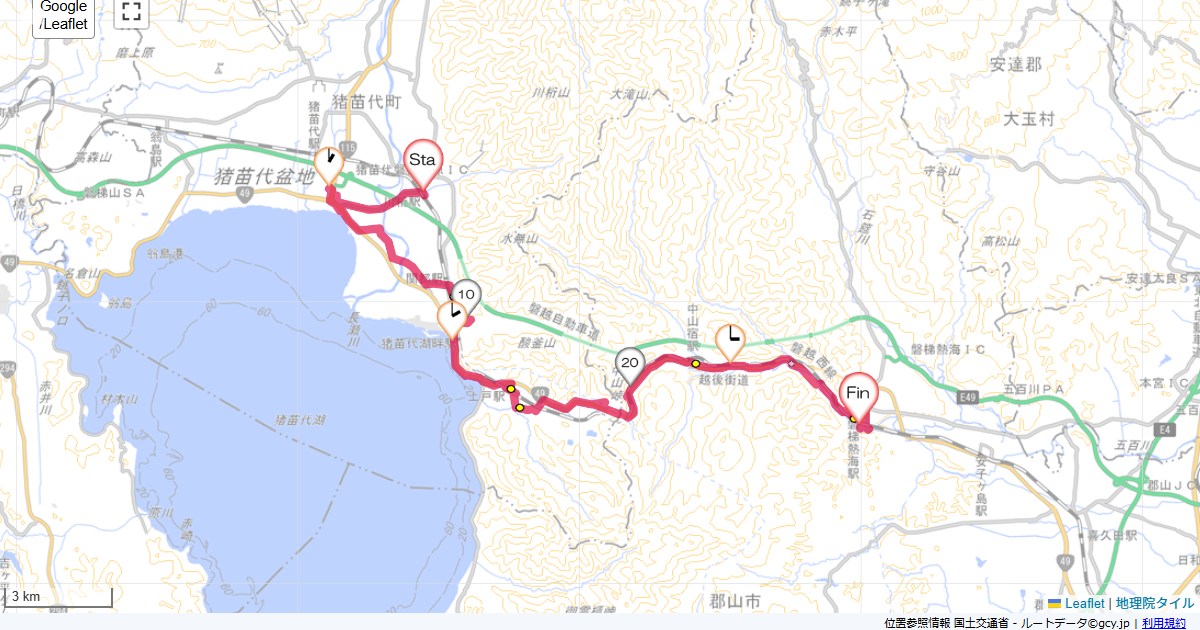 猪苗代・裏磐梯1川桁駅,かんぽの宿郡山,サイクリング,地図,記録,自転車