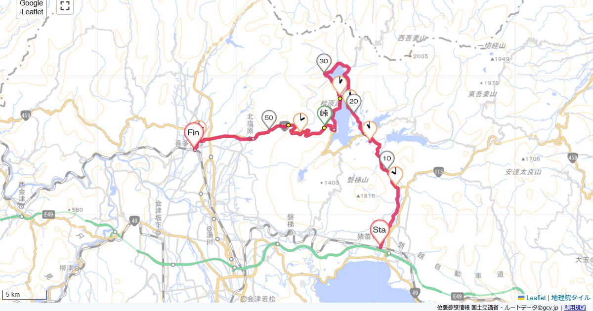 猪苗代・裏磐梯2猪苗代駅,喜多方駅,サイクリング,地図,記録,自転車