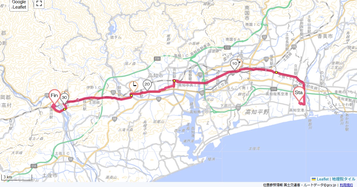 高知愛媛1高知空港,かんぽの宿伊野,サイクリング,地図,記録,自転車