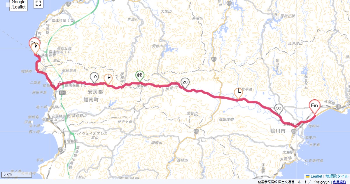金谷港から鴨川金谷港,かんぽの宿鴨川,サイクリング,地図,記録,自転車