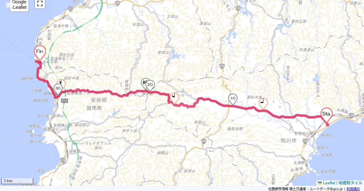 鴨川から大山千枚田、金谷かんぽの宿鴨川,浜金谷駅,サイクリング,地図,記録,自転車