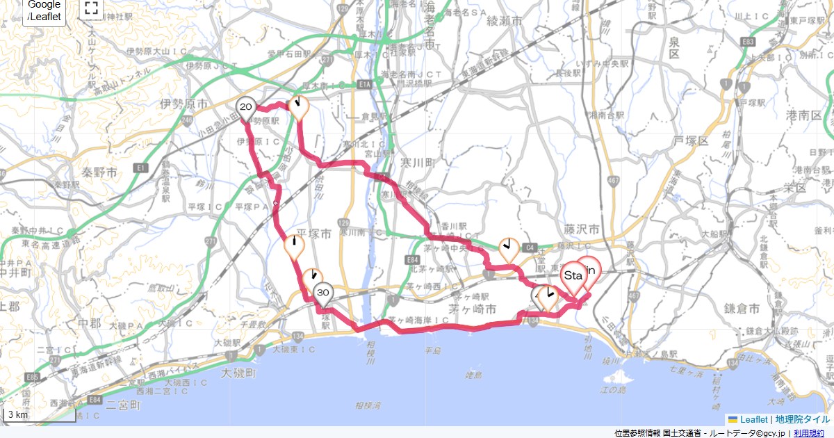 伊勢原藤沢市辻堂太平台,藤沢市本鵠沼,サイクリング,地図,記録,自転車