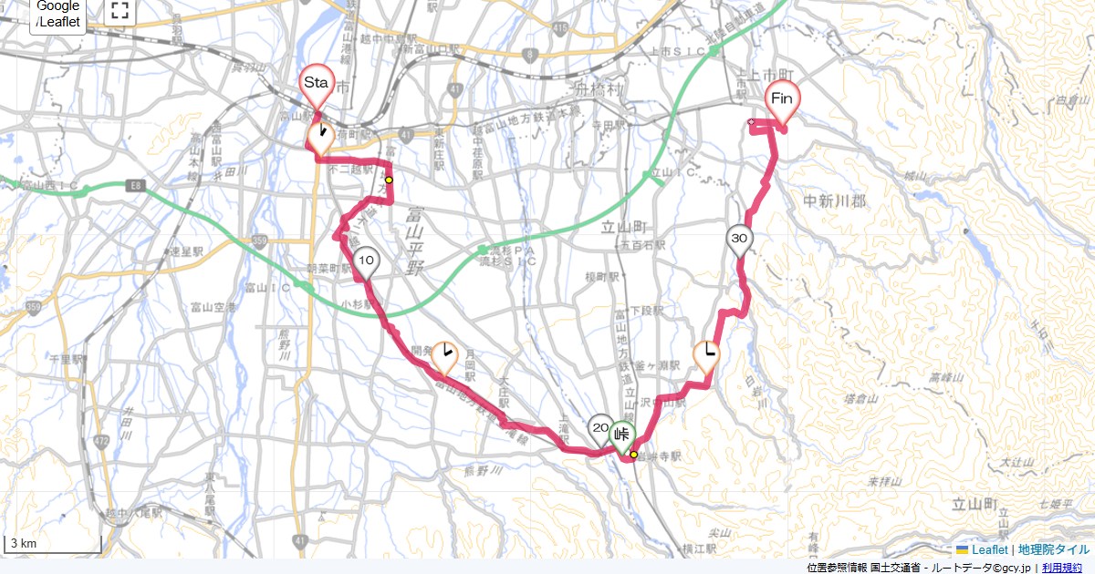 富山から上市富山駅,つるぎ恋月,サイクリング,地図,記録,自転車