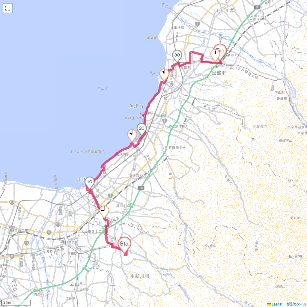 上市から黒部宇奈月温泉つるぎ恋月,黒部宇奈月温泉駅,サイクリング,地図,記録,自転車