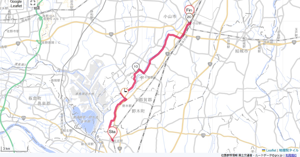 古河から小山古河駅,スーパーホテル小山,サイクリング,地図,記録,自転車
