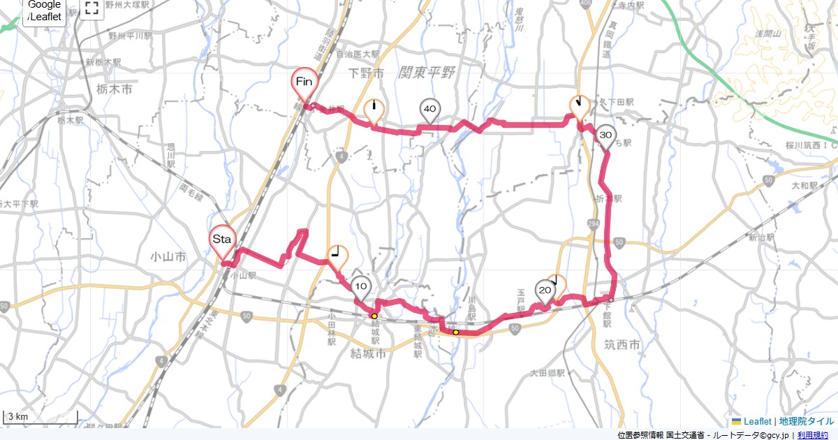 小山から小金井スーパーホテル小山,下野市駅東,サイクリング,地図,記録,自転車