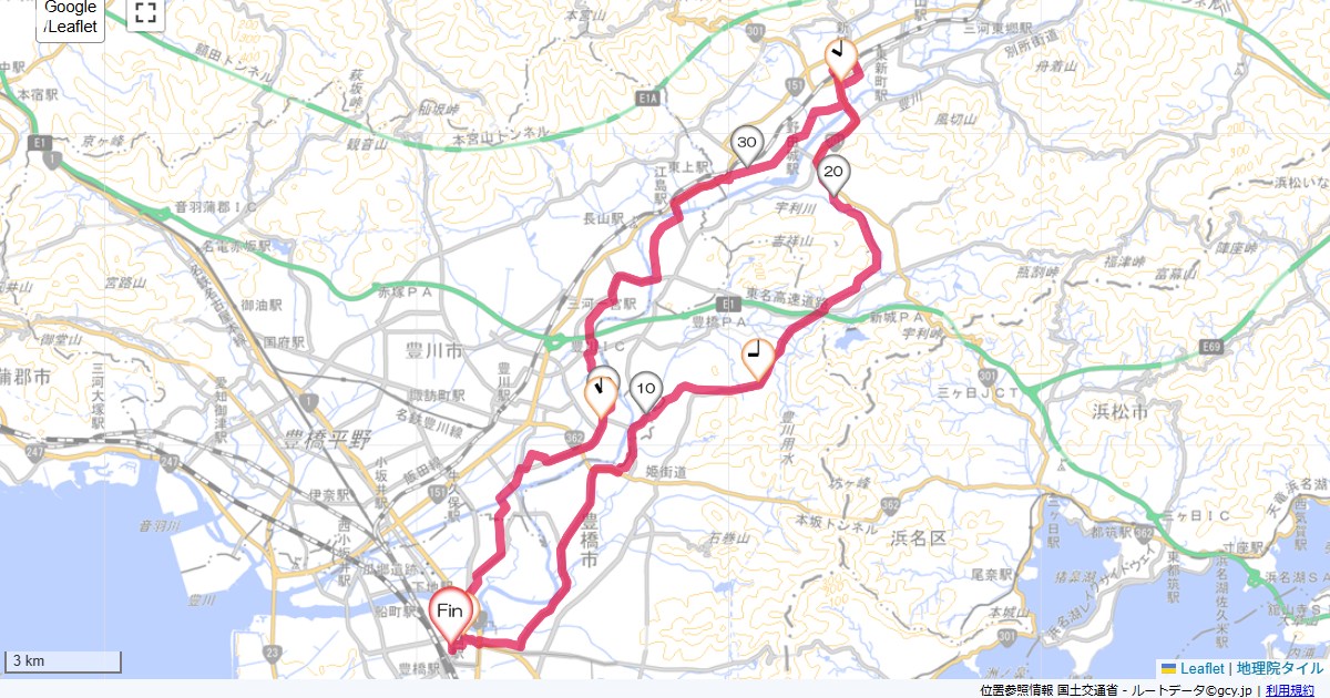 豊橋・新城ルートイン豊橋,ルートイン豊橋,サイクリング,地図,記録,自転車