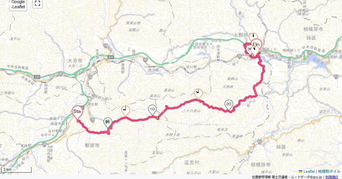 都留から上野原スターランド,上野原駅,サイクリング,地図,記録,自転車