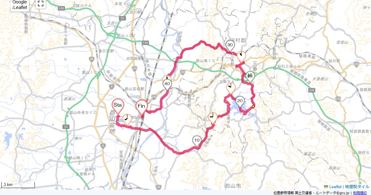 三春郡山スターホテル,郡山駅,サイクリング,地図,記録,自転車