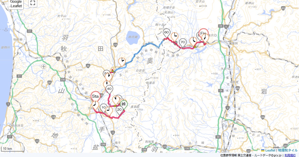 大曲から小岩井ルートイン大曲,雫石リゾートホテル,サイクリング,地図,記録,自転車