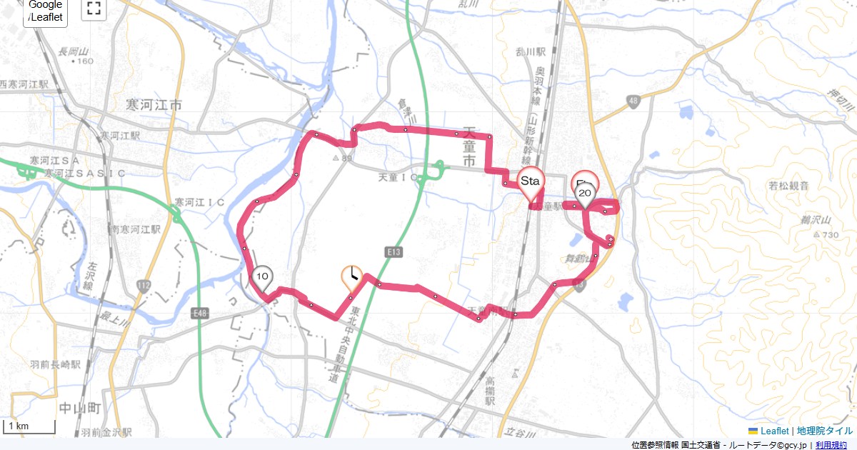 天童天童駅,天童ホテル,サイクリング,地図,記録,自転車