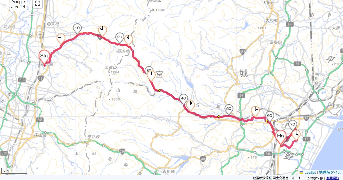 天童から仙台天童ホテル,ルートイン長町,サイクリング,地図,記録,自転車