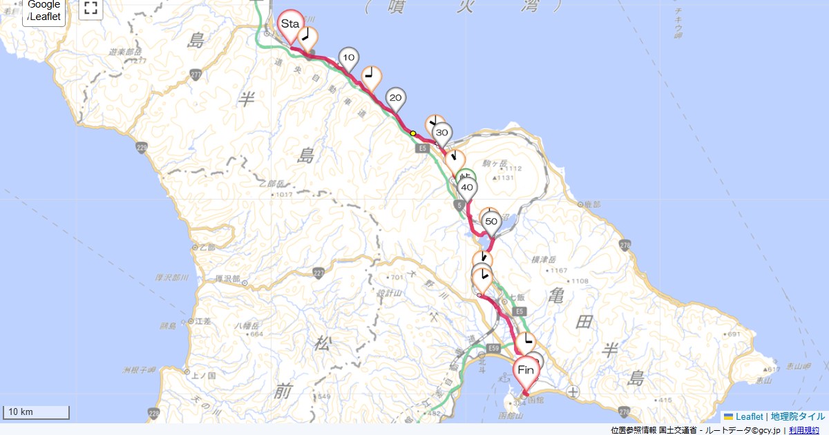 八雲から函館八雲遊楽亭,グローバルビュー函館,サイクリング,地図,記録,自転車