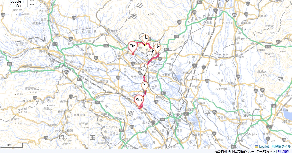 北鴻巣から足利北鴻巣駅,ルートイン足利第2,サイクリング,地図,記録,自転車