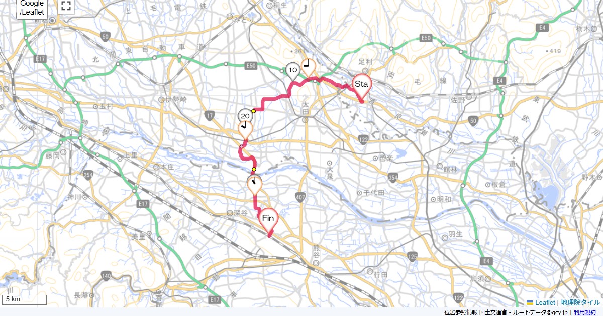 足利から籠原ルートイン足利第2,籠原駅,サイクリング,地図,記録,自転車
