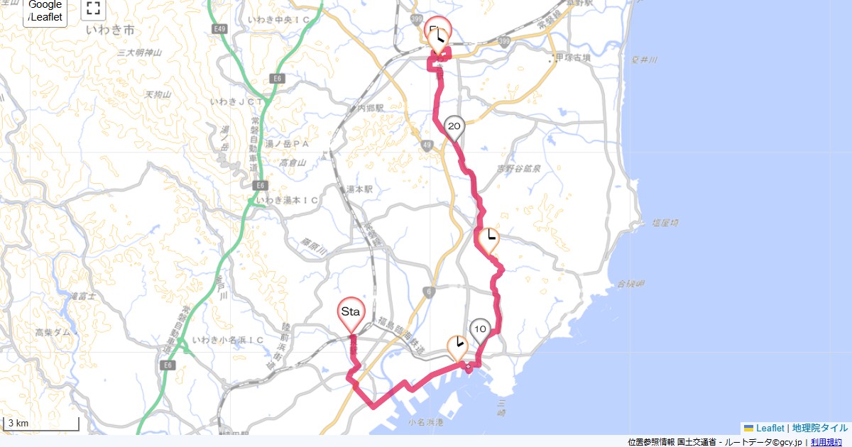 泉からいわき泉駅,サンライズインいわき,サイクリング,地図,記録,自転車