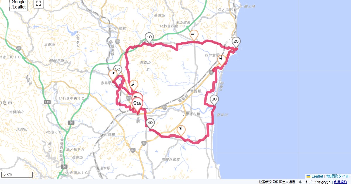 四倉サンライズインいわき,いわき駅,サイクリング,地図,記録,自転車