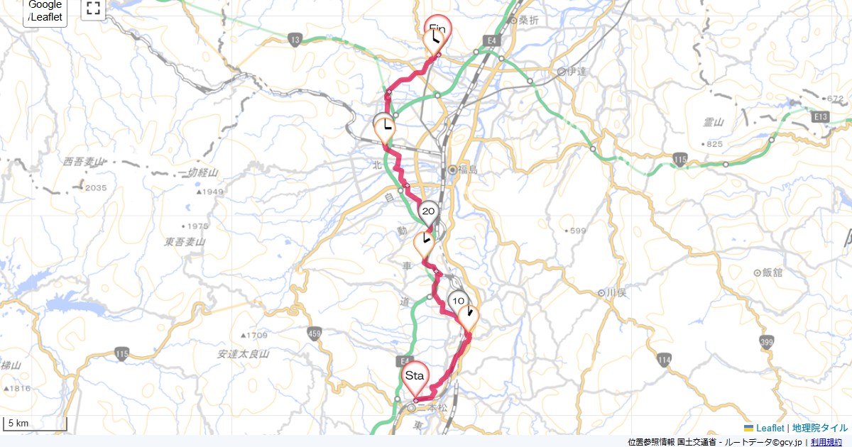 二本松から飯坂温泉二本松駅,旅館湯乃家,サイクリング,地図,記録,自転車