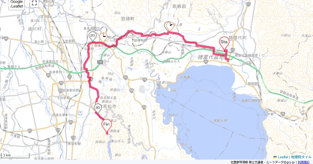 猪苗代から東山温泉猪苗代駅,大江戸温泉東山グランド,サイクリング,地図,記録,自転車