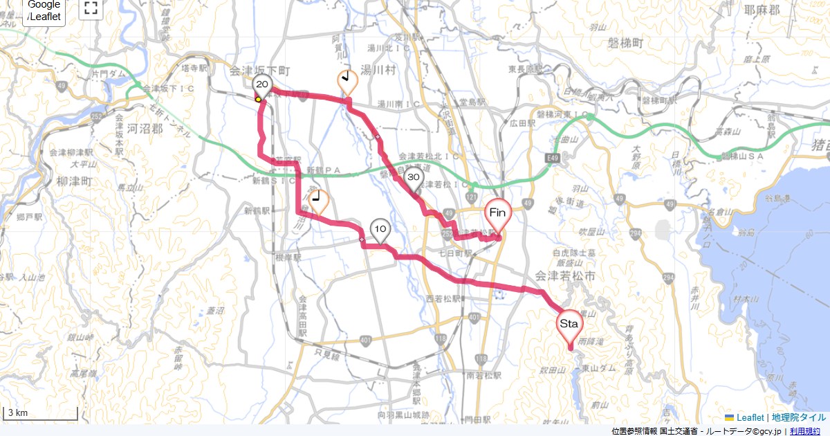 東山温泉から会津若松大江戸温泉東山グランド,会津若松駅,サイクリング,地図,記録,自転車