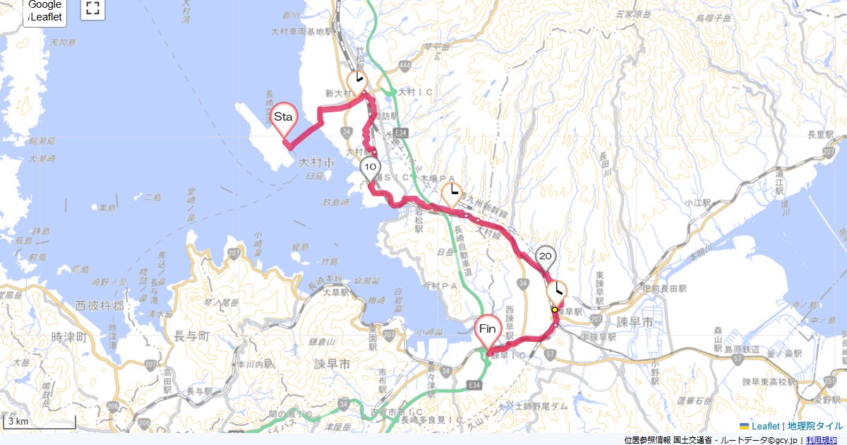長崎空港から諫早長崎空港,ルートイン諫早インター,サイクリング,地図,記録,自転車