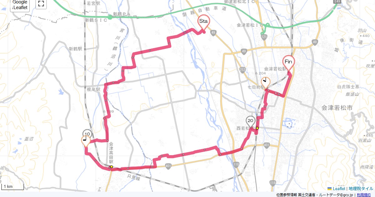 会津美里町から会津若松大江戸温泉あいづ,会津若松駅,サイクリング,地図,記録,自転車