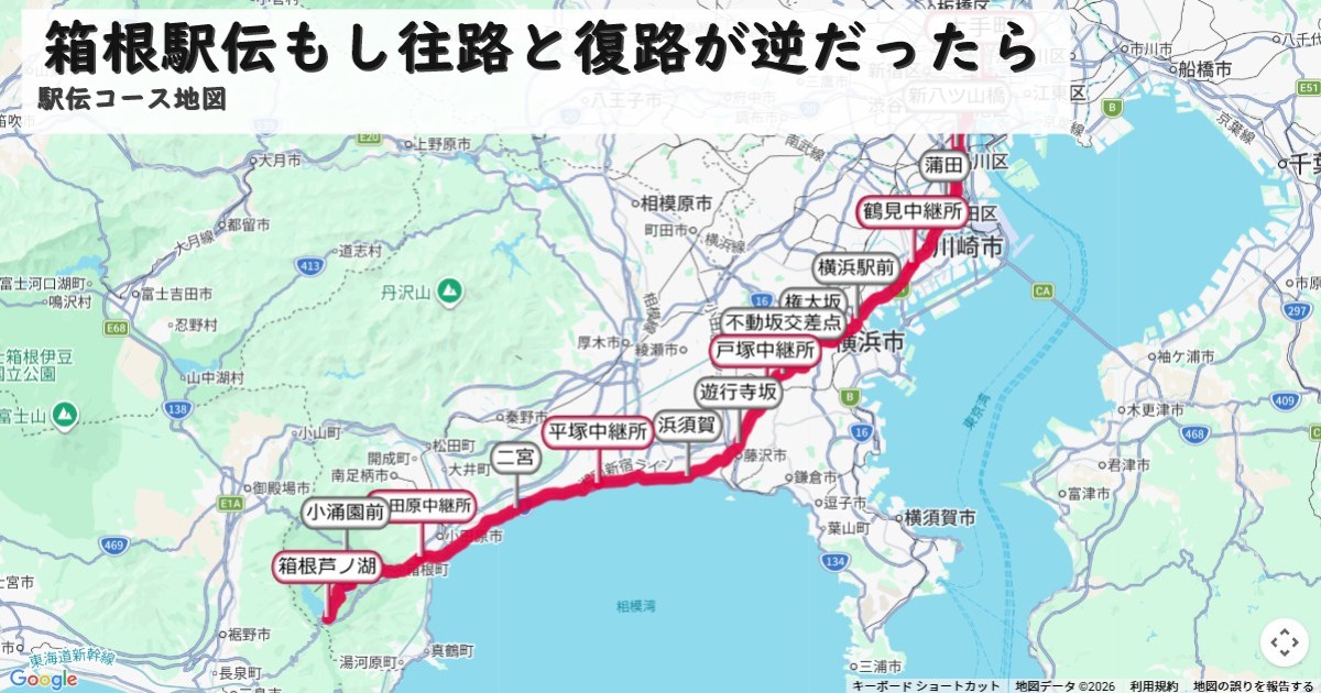 箱根駅伝もし往路と復路が逆だったらのコースを地図で表示