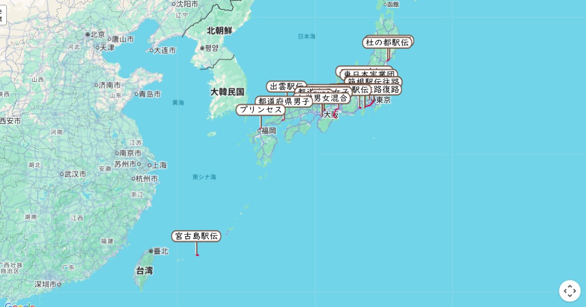 駅伝情報とAI順位予想のコースを地図で表示