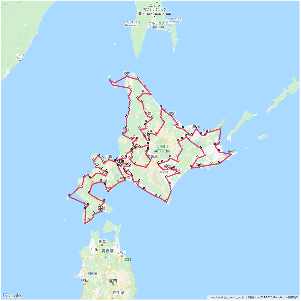 遺伝的アルゴリズムで解析した北海道市町村最短ルートマップ,地図,コース,マップ,ルート,解析