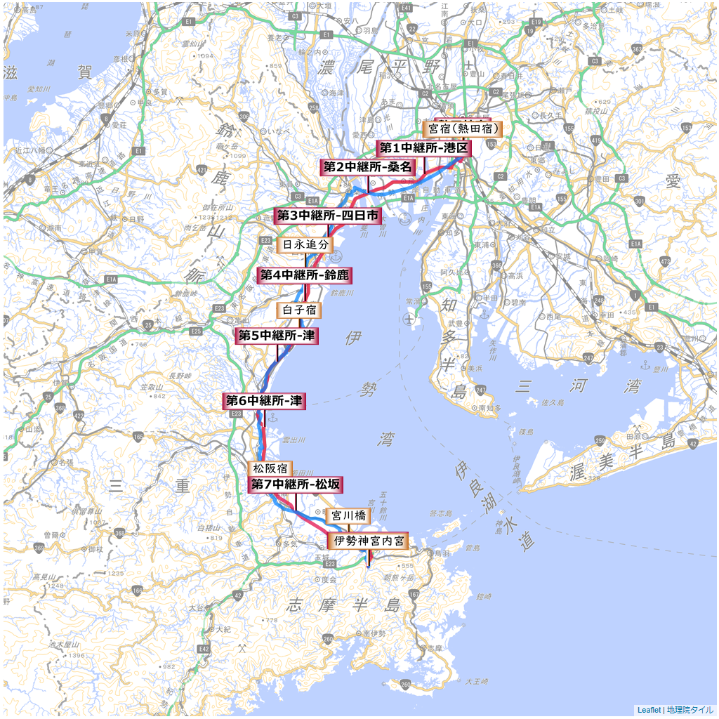 全日本大学駅伝コースと旧東海道・伊勢街道を比べてみる,地図,コース,マップ,ルート,解析