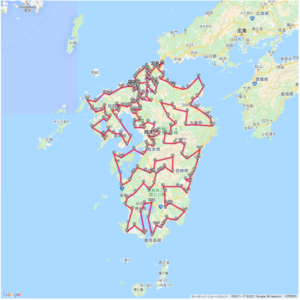 遺伝的アルゴリズムで解析した九州市町村最短ルートマップ,地図,コース,マップ,ルート,解析