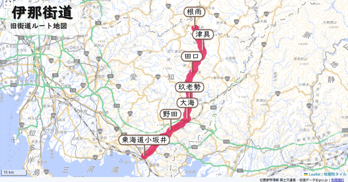 伊那街道のルートを地図で表示