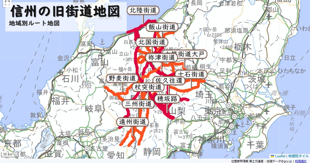 信州の旧街道のルートを地図で表示