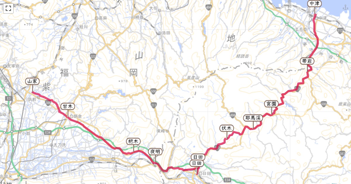 日田往還(日田街道)のルートを地図で表示