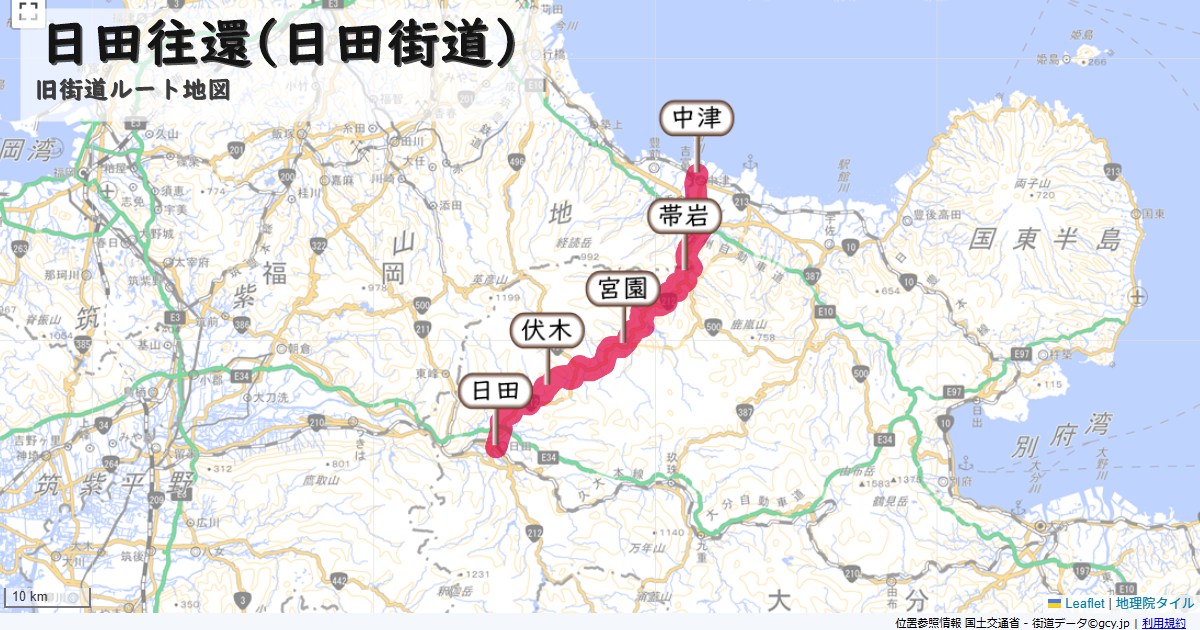 日田往還(日田街道)のルートを地図で表示