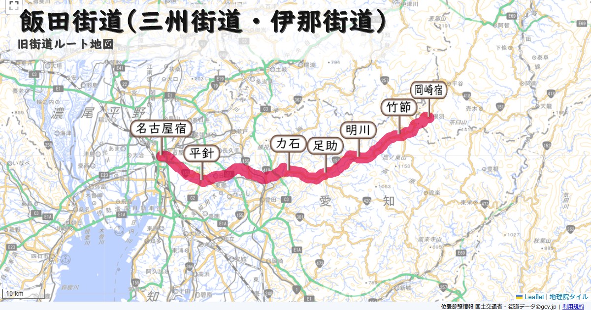 飯田街道(三州街道・伊那街道)のルートを地図で表示