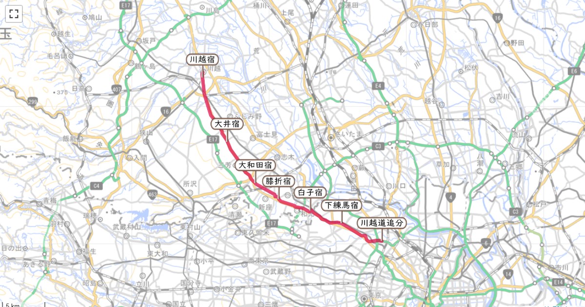 川越街道のルートを地図で表示