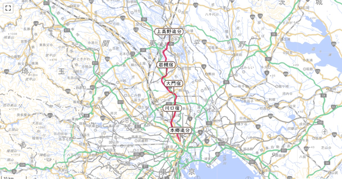 日光御成道のルートを地図で表示