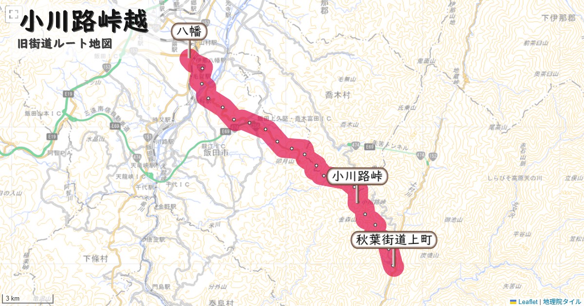 小川路峠越のルートを地図で表示